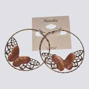 Natasha Couture Gold Textured Huge Hoop Earrings with Butterfly Design New